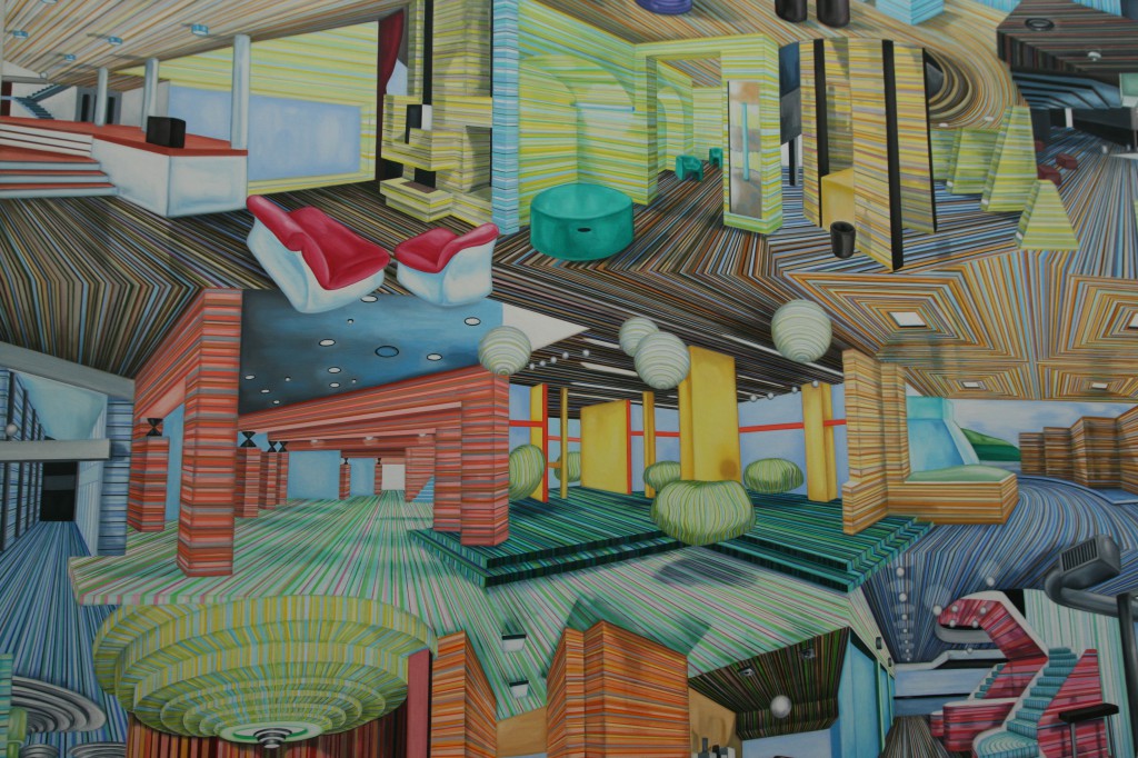 In punktgenauer Präzisionsarbeit entstand das Gemälde „Räume“ von Corinne Wasmuth, in dem die verschiedenen Areale auf kunstvolle Weise ineinander über gehen. 